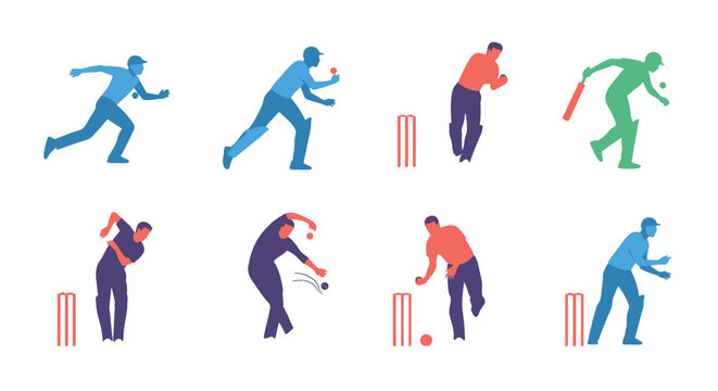 Set of professional cricket players in action poses, including bowling, batting, and fielding, presented in a minimalist flat vector style on white background.