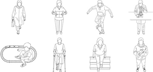 Fototapeta premium A collection of eight human figure sketches isolated on transparent background