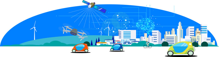 Fototapeta premium Future Smart City and Next Generation Technology Vector Illustration - AI, Drone, Autonomous Driving, Renewable Energy