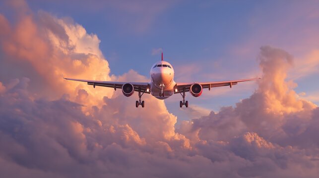 Airplane flying through clouds during sunset or sunrise with beautiful sky