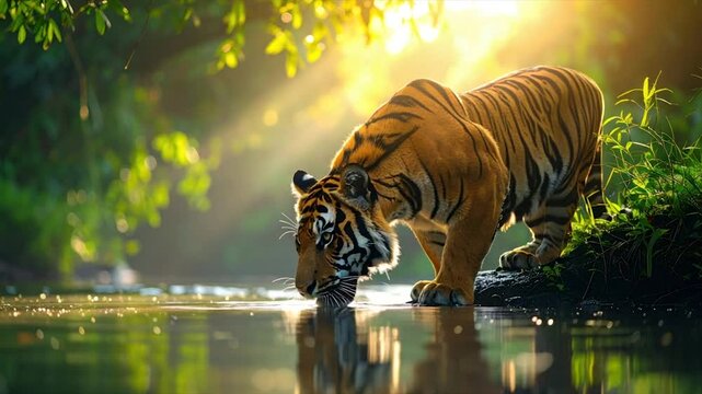 Majestic tiger drinks from a calm river. Sunlight streams through leaves, creating a golden glow