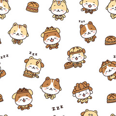Obraz premium A repeating pattern of adorable cartoon hamsters in various costumes on a white background.