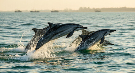 Fototapeta premium Dolphins leaping joyfully through ocean waves at golden sunset with distant boats on horizon marine wildlife freedom and playful energy concept