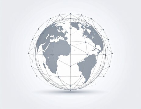 Monochromatic wireframe globe shows continents with a delicate, interconnected network of white dots and lines floating over a soft gray gradient background.