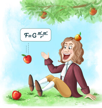 Cartoon illustration of Isaac Newton sitting under an apple tree with a falling apple and gravity formula, inspired by the discovery of universal gravitation