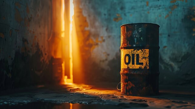 Minimalist studio image of black oil barrel highlighting energy crisis and resource scarcity