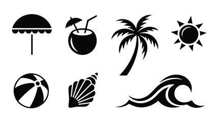 Fototapeta premium Black vector icons of beach and summer symbols including umbrella coconut palm tree sun beach ball shell and wave on white background