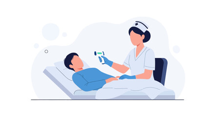 Fototapeta premium Nurse checking patient's temperature with infrared thermometer in hospital bed