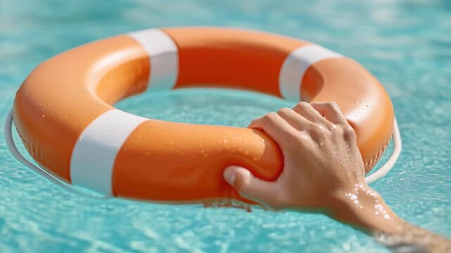 Close up of a hand reaching out to grab a life buoy floating in a bright blue swimming pool.