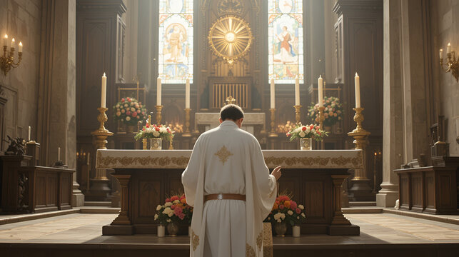 An image of the priest genuflecting before the altar as a sign of adoration and reverence for Christs presence in the Eucharist.