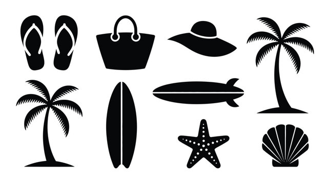 Black beach icons set including flip flops palm trees surfboard starfish and seashell on white background for summer vacation and travel design