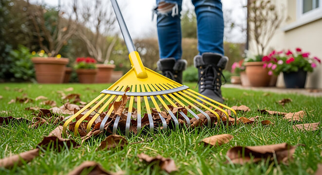 a person raking autumn leaves on a lush green lawn performing essential fall garden chores during seasonal home maintenance.
