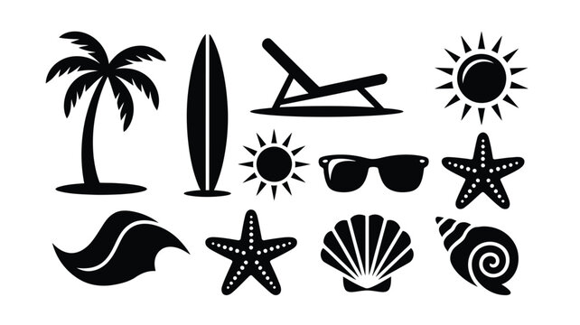 Black vector icons of beach summer symbols including palm tree surfboard sun starfish and seashell on white background for travel and holiday design