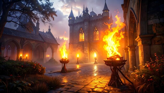 A dark castle courtyard with torches and a mysterious atmosphere