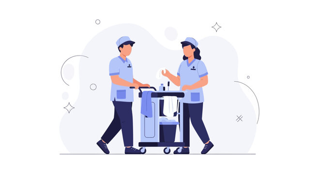 Professional cleaning staff with cart, teamwork, hygiene, housekeeping service