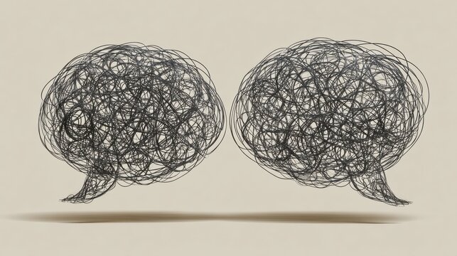Two speech bubbles with tangled lines inside show confusion in communication, showing how messages can become unclear and mixed up