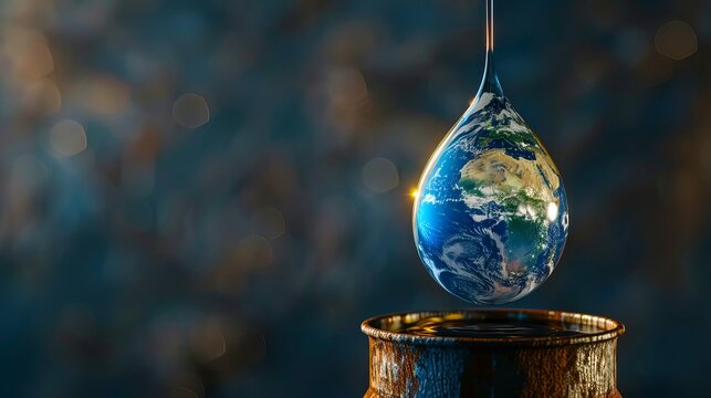 Symbolic 3d illustration of energy crisis  earth as depleting oil drop on weathered barrel