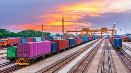 Fototapeta premium Freight transport operation shipping yard aerial view sunset industrial environment cargo management
