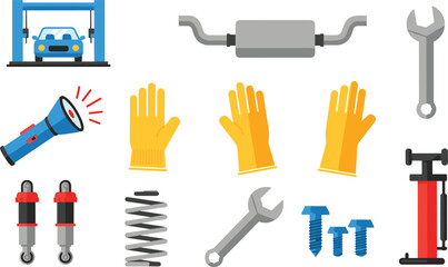 Fototapeta premium Comprehensive set of flat automotive repair icons including car lift muffler wrench flashlight safety gloves shock absorbers spring bolts and manual air pump.