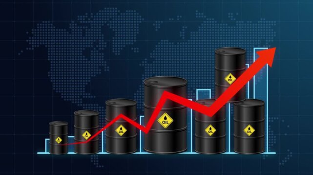 Global oil price surge and energy crisis concept with upward arrow chart and oil barrels. Showing crude oil price increase, fuel inflation, supply disruption, and economic recession. 4K animation