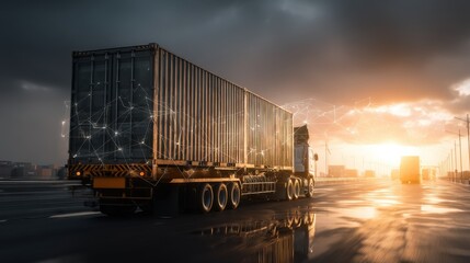 Obraz premium Trucking operations at sunset urban highway vehicle photography industrial environment dynamic perspective