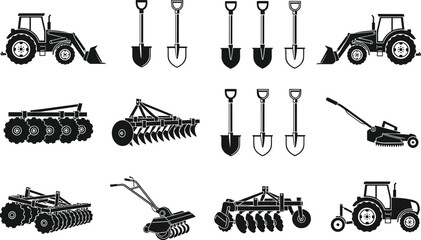 Set of black agricultural equipment silhouettes featuring tractors plows shovels disc harrows and lawn mowers isolated on white background for farming and gardening design. © MstAshida