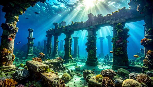 Sunken temple ruins, illuminated by rays of sunlight penetrating the water, teeming with marine life, and coral