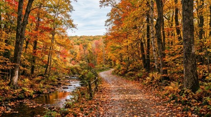 Fototapeta premium A winding path through a forest with autumn leaves, a stream, and a bridge, with a person walking on the path.