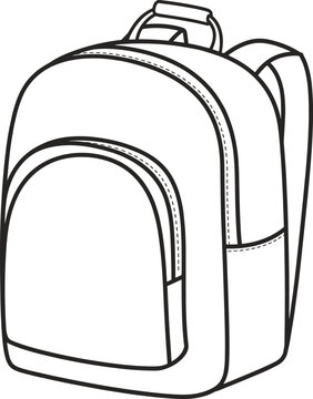 Flat vector line drawing backpack illustration, fashion accessory design sketch pocket