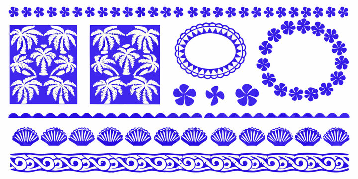 Blue and white tropical pattern with palm trees flowers and seashell motifs
