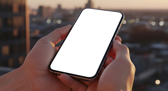 Hand holding blank smartphone screen at urban sunset with cityscape background
