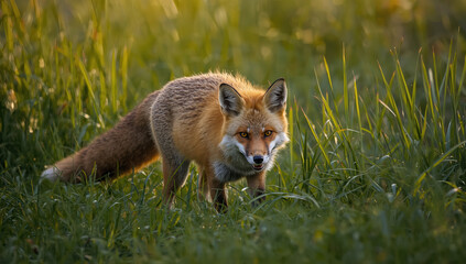 Fototapeta premium Red fox in tall grass at golden hour with alert gaze and soft warm light