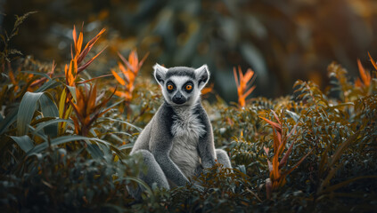 Fototapeta premium Serene ring tailed lemur with bright orange eyes sitting among tropical foliage