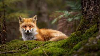 Fototapeta premium Serene red fox resting on mossy forest floor with soft natural light