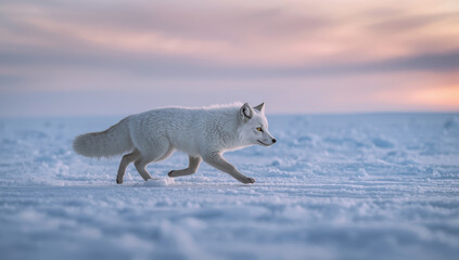 Fototapeta premium Arctic fox walking on snowy tundra at sunset, sleek white fur and focused expression