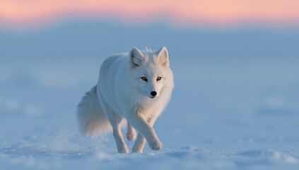 Fototapeta premium Arctic fox running across snowy tundra at sunrise with soft pink sky