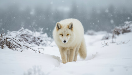 Fototapeta premium Arctic fox in snowy landscape with falling snow and golden eyes walking toward camera