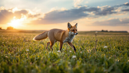 Fototapeta premium Young red fox walking through grassy field at golden sunset, serene and alert