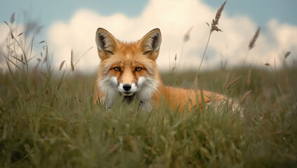 Fototapeta premium Red fox lying in grassy meadow with soft clouds and warm light