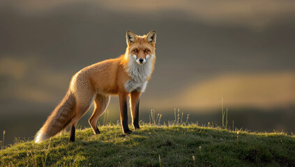 Fototapeta premium Vibrant red fox on grassy hill at golden hour, alert gaze and soft backlight