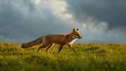 Fototapeta premium Red fox walking across grassy meadow at golden hour with dramatic cloudy sky
