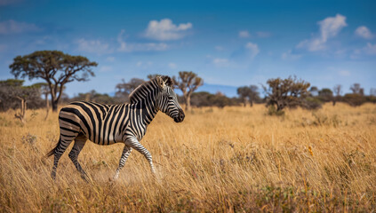 Fototapeta premium Zebra grassland savannah african plains wildlife walking in golden grass