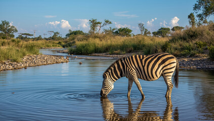 Fototapeta premium Zebra drinking from calm river at sunset with savanna grassland and distant trees