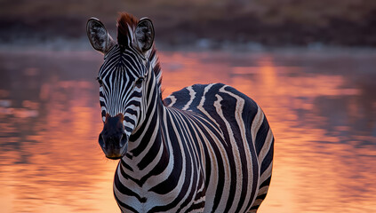 Fototapeta premium Zebra standing by water at sunset with warm reflective light and vivid stripes