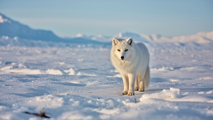 Fototapeta premium Arctic fox standing on snowy tundra with distant mountains and soft sunlight