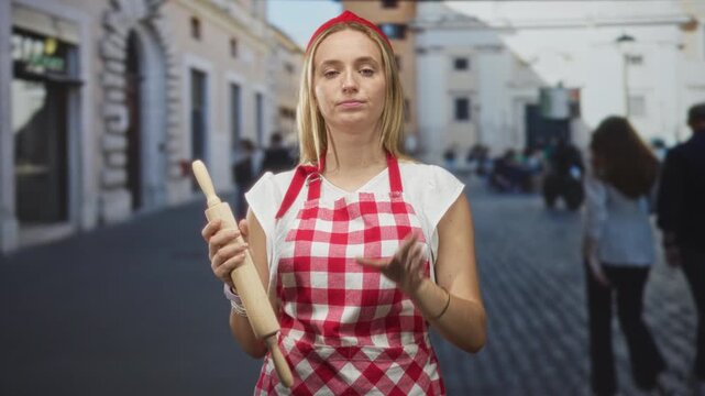 Woman chef in red gingham apron holding a wooden rolling pin and shrugging with exposed forearm on a cobblestone street; frustration.