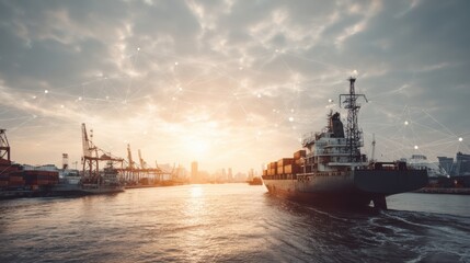 Fototapeta premium Cargo ship navigating through port at sunset maritime industry seascape urban waterfront serene atmosphere