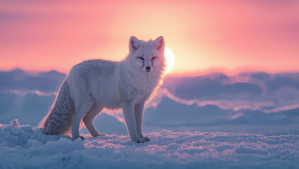 Fototapeta premium Arctic fox standing on snow at sunrise with pink sky and soft light