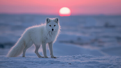Fototapeta premium Arctic fox standing on snowy tundra at pink sunset with soft light