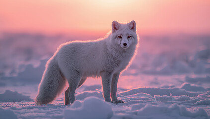Fototapeta premium Arctic fox standing on snow at sunrise with soft pink light